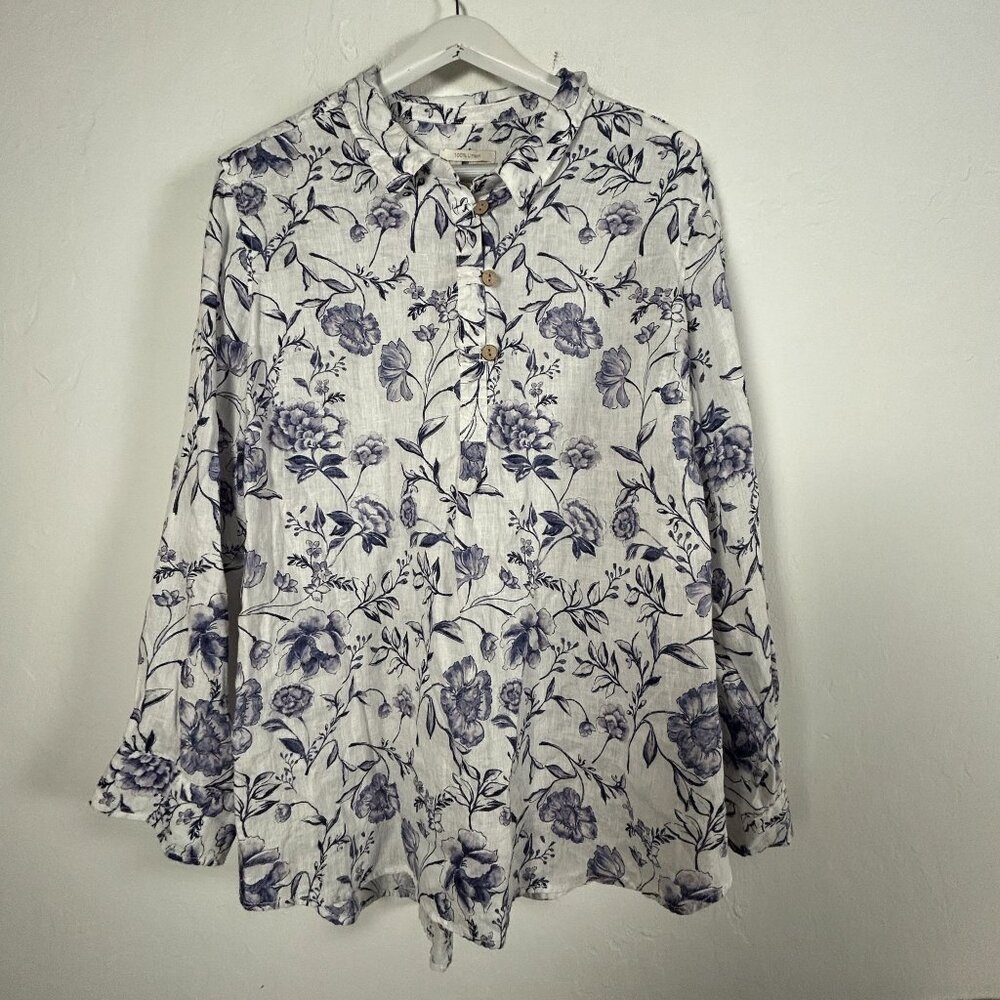 Cynthia Rowley Womens Floral Print Linen Popover Blouse Top 2X Blue Long Sleeve